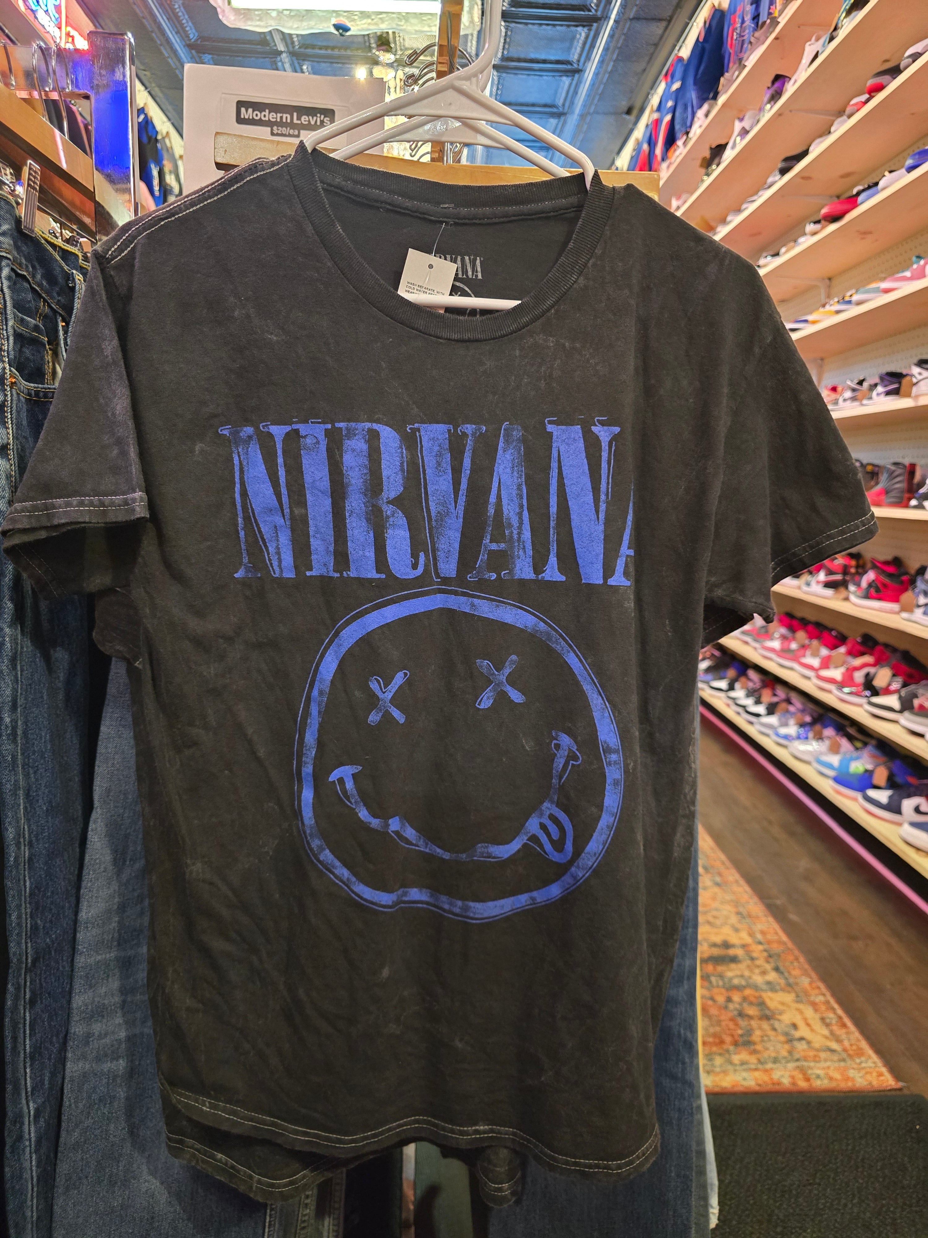 Nirvana Blue Smiley Distressed Tshirt